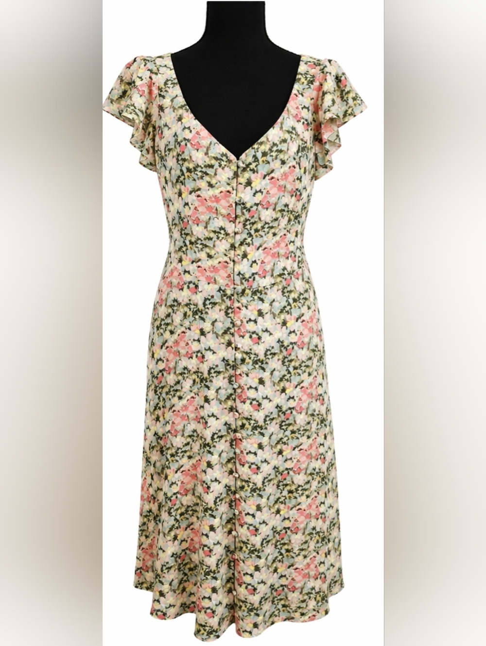 LOFT Floral Midi Dress Button Front Cottagecore Feminine Romantic Spring Sz 8